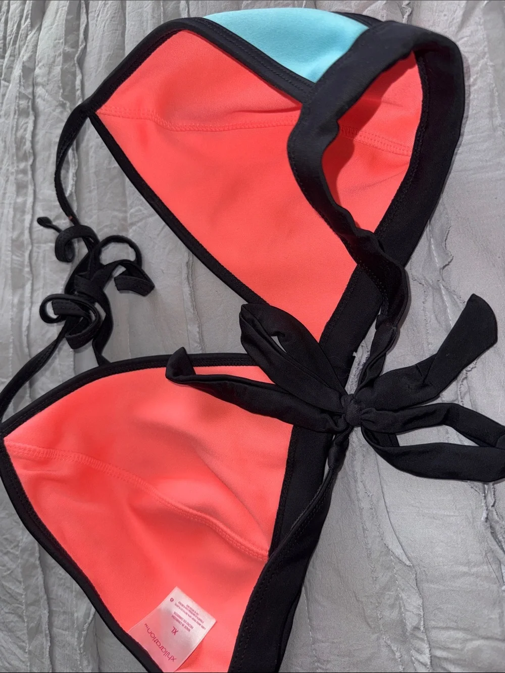 Xhilaration Coral & Aqua Triangle Bikini Top with Black Trim
